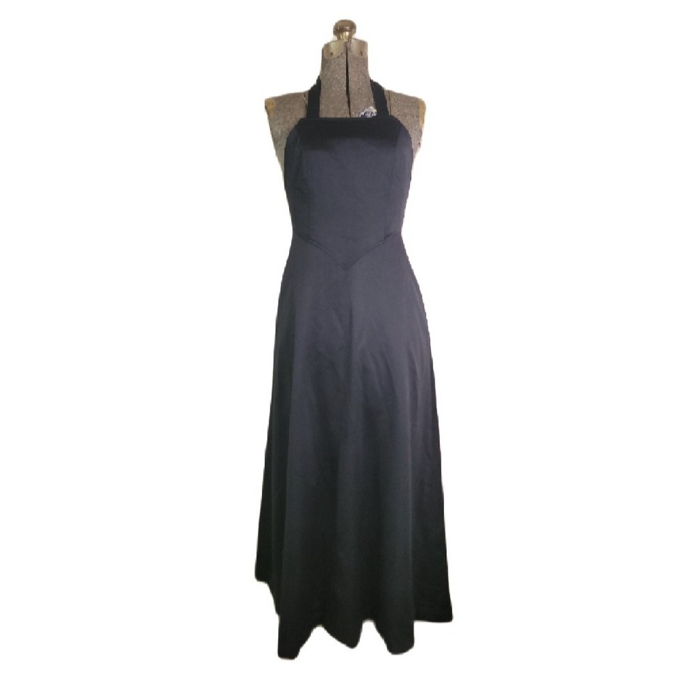 Vintage 60s 70s Black‎ Halter Neck Maxi Dress Square Neck Basque Waist Small